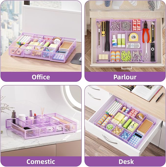Marbrasse Expandable Desk Drawer Organizer, Mesh Drawer Organizer Tray with 10 Adjustable Compartments, Desk Organizers and Accessories for Office Supplies, Makeup & Vanity (Expandable-Purple) - Image 4