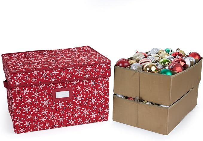 Covermates Keepsakes Adjustable Ornament Storage Box – Heavy-Duty Polyester, Padded Dividers & FlexGrid Trays – Protective Holiday Organizer with Stackable Walls & Label Window, Red Snowflake by Covermates