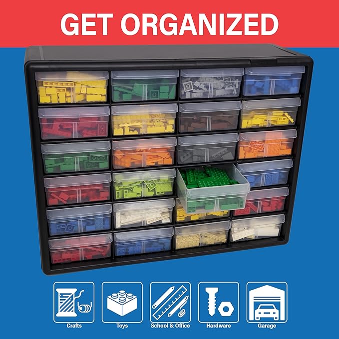 Akro-Mils 24-Drawer Plastic Storage Cabinet, 20" W x 6" D x 16" H, Black | Plastic Cabinet w/ Drawers for Garage Organization, Beads, Building Bricks Storage, Teacher Toolbox, Makeup Organizer, 10124 - Image 4