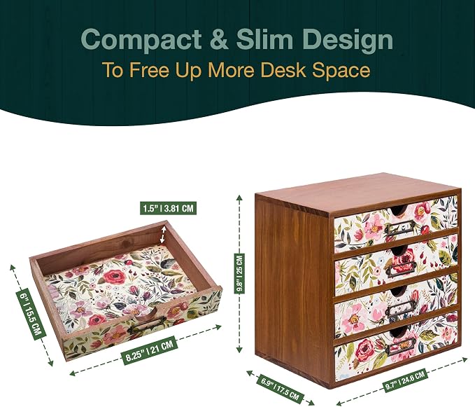 4-Drawer Vintage Desk Wood Storage Box With Drawers in Floral Chintz - Wooden Table Organizer I End Clutter & Dullness, Personalize Your Workspace - Beautiful Flower Design for Office & Home - Image 2