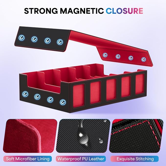 UAONO 5-Row Trading Card Storage Box with Commander Display, Black Red | 3900+ Card Box with Removable Cover, Card Case Fits MTG TCG Sports Cards, 48 Dividers, 5 Stoppers, 5 Top Loaders, Dice Box - Image 5
