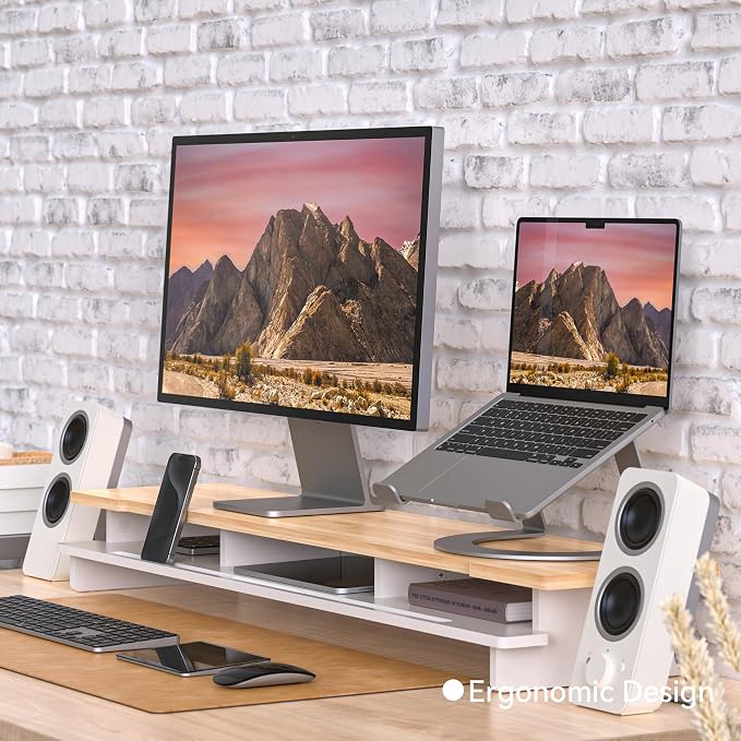 42.5" Dual Monitor Stand Riser with Phone Holder Desk Shelf White | Double Computer Monitor Stand for 55-72" Desk Wood Storage Organizer Cozy Computer Setup Workplace Organizer Keyboard Storage - Image 4