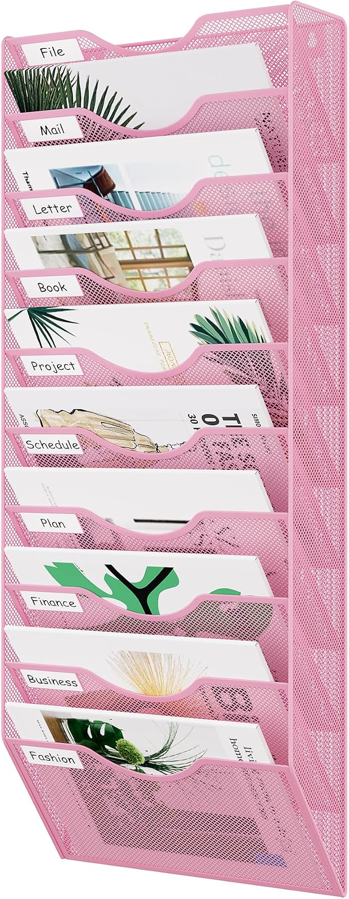 EasyPAG 10 Pocket Mesh Wall File Organizer, Hanging Paper Folder Holder with Classify Label, Vertical Wall Mount Mail Organizer for Office Home Classroom, Pink by EasyPAG
