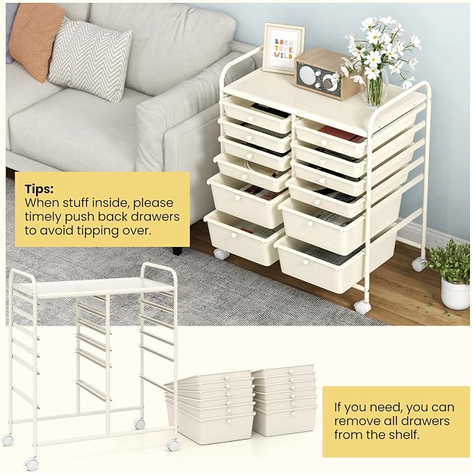 Moccha 12-Drawer Rolling Storage Cart - Utility Cart on Wheels with Lockable Casters for Craft Art Supply Paper Salon, Mobile Drawer Carts for Classroom Teacher School Office (White) - Image 3