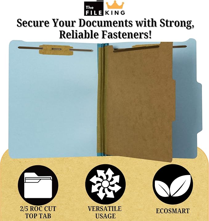 The File King Pressboard Classification Pale Blue Partition File Folder | Legal Size - Box of 10 | Two Dividers | Six 2” Durable Fastener Prongs | 2/5 Cut Top Tab | 2” Expansion - Image 3