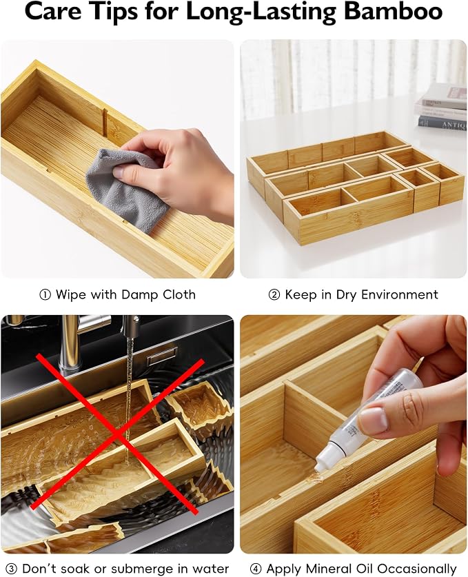 Bamboo Drawer Organizer Set, 6 PCS Trays with 12 Compartments | Natural Bamboo, Flexible Modular Trays, Water-Resistant, Stackable Design, Adjustable, Excellent Organization, Easy to Clean - Image 8
