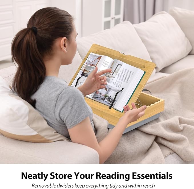 AboveTEK Book Stand for Reading with Storage, Adjustable Bamboo Book Holder with Soft Lap Cushion, Cookbook Stand, Hands-Free Book Reading Stand for Bed, Desktop & Kitchen Counter - Image 3