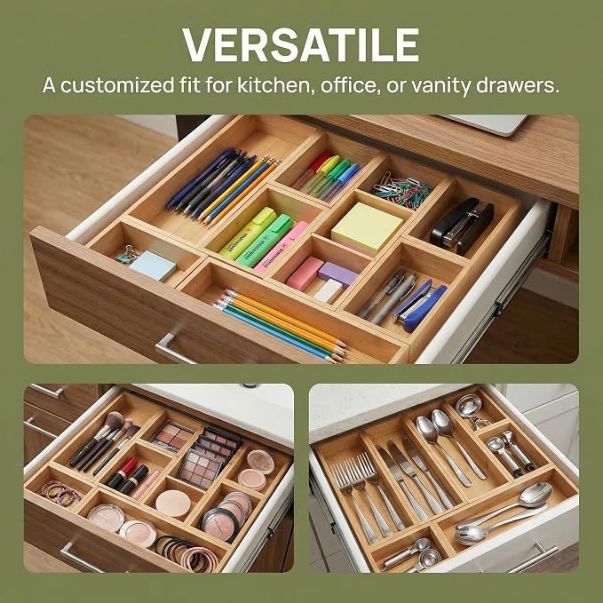 Bamboo Drawer Organizer,Fits Kitchens,Bathrooms,Desk,Utensil,Makeup,Removable Dividers (Natural, M) - Image 2