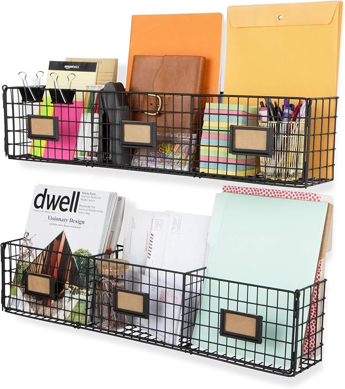 Amalfi Hanging File Folders Office Desk Organizer Wall Mount Wire Basket Storage Magazine Holder 3 Sectional Set of 2 Black - Image 3