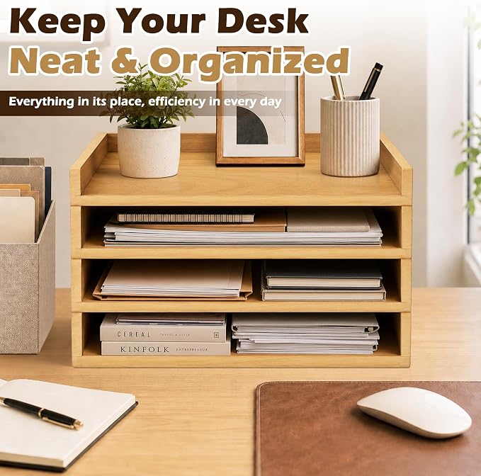 4 Pack Stackable Paper Tray, Wooden Paper Tray Organizer with Letter Tray, Paper Holder for Desk, Desktop File Storage Rack for Study, Home and Office (Oak) - Image 2
