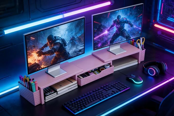 Spacrea Metal Desk Organizers and Accessories, Dual Monitor Stand Riser with Drawer and 2 Pen Holders, Desk Accessories & Workspace Desktop Organizers for Office Supplies (Pink) - Image 7