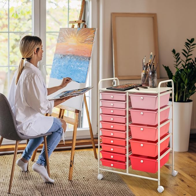 GOFLAME 15-Drawer Rolling Storage Cart, Craft Storage Cart with Removable Drawers & Lockable Wheels, Art Cart Supply Storage Organizer for Home Office Classroom, Pink Gradient - Image 8