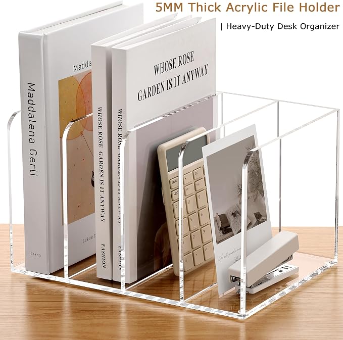 YUXUN Clear Acrylic Magazine File Holder, 4 Compartment Vertical Desk Organizer, 5mm Thick Document Sorter with Non-Slip Base, No Assembly for Office Home Classroom, Holds Binders, Books, Tablets - Image 8