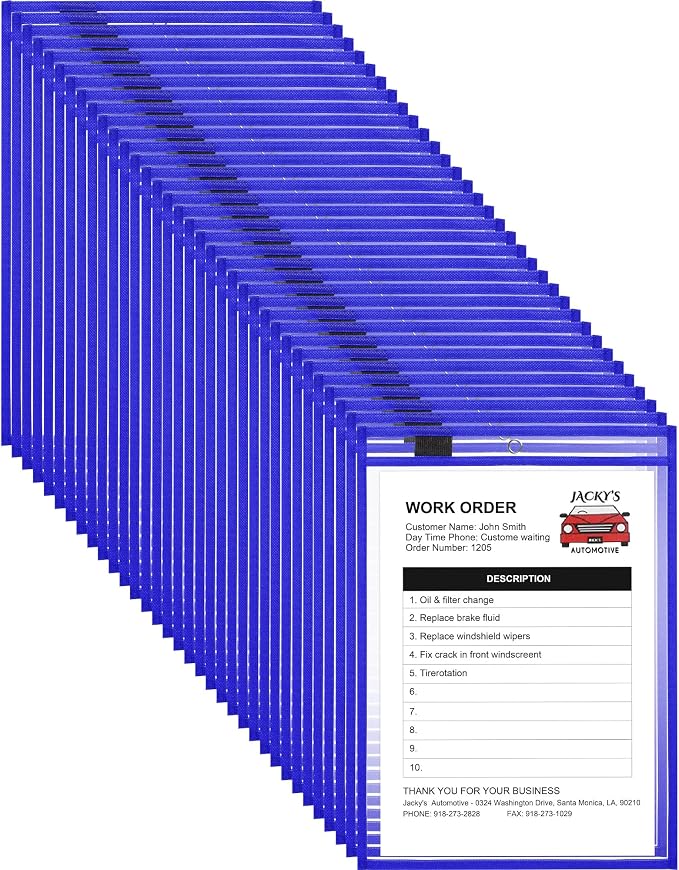 Nezyo Dry Erase Pockets Plastic Job Ticket Holders Shop Holder Order Pockets Clear Sleeves Tickets Folders Plastic Sleeves Paper Teacher Supplies for Classroom(14 x 10 in,Blue,50 Pcs) by Nezyo
