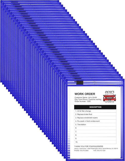 Nezyo Dry Erase Pockets Plastic Job Ticket Holders Shop Holder Order Pockets Clear Sleeves Tickets Folders Plastic Sleeves Paper Teacher Supplies for Classroom(14 x 10 in,Blue,50 Pcs) by Nezyo