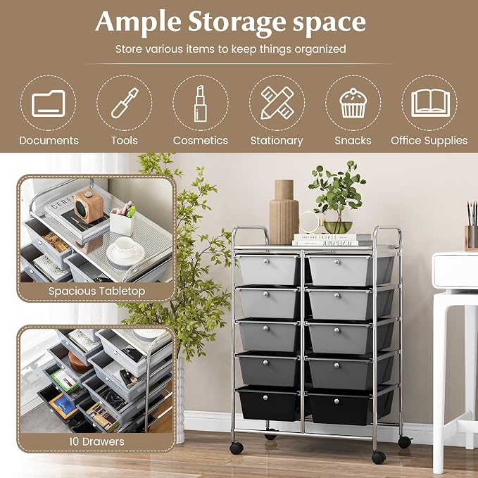 COSTWAY 10 Drawer Rolling Storage Cart, Utility Cart with Lockable Wheels | Mobile Art Supply Craft Organizer with Metal Frame, Multipurpose Drawer Cart for Paper for Office, School, Mixed Black - Image 4