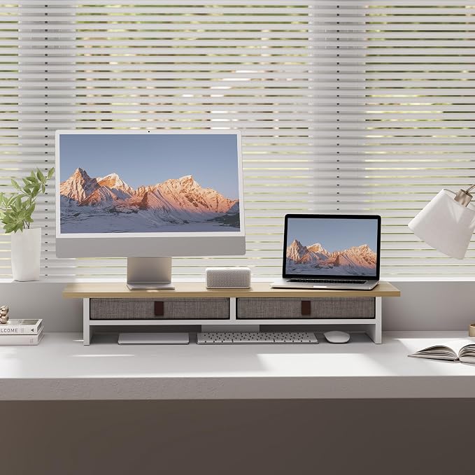 Fenge 35 Inch Monitor Stand with Drawer Storage, Computer Riser for Desk | Wooden Computer Shelf, 2 Tiers, for Dual Monitor/Laptop/PC/TV/Printer up to 55Lbs, Home Office Desk Organizer - Image 8