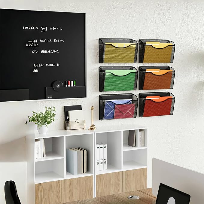 MINDEPOT Wall File Organizer, Hanging Wall File Holder, 6 Pack, Black | Heavy Duty Iron, Metal Mesh Wall Mount, Single Pocket, Mail Organizer, for Office School Classroom Home, Letter A4 Size - Image 7