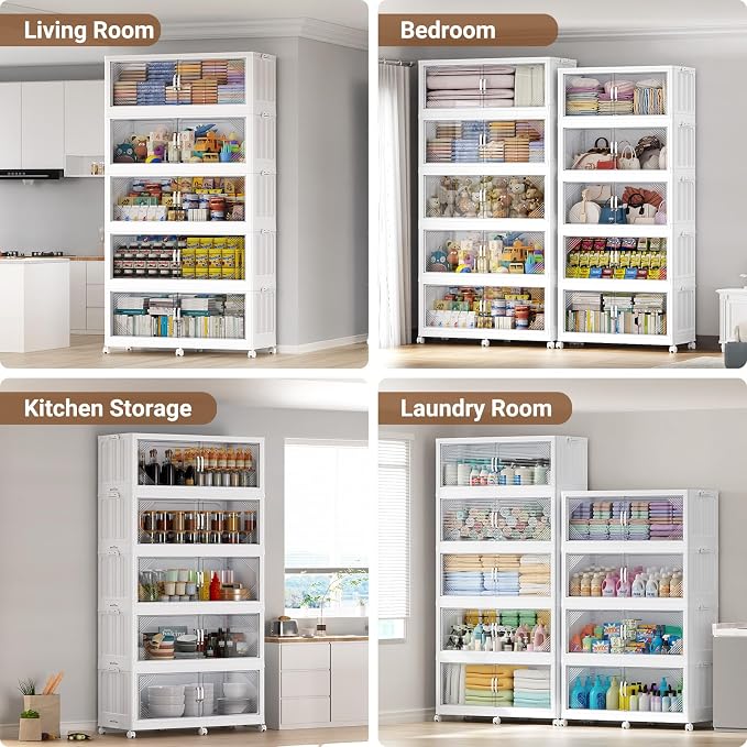 BROVIEW V60 140QT Plastic Stackable Storage Bins with Lid, 1Pack White | 35Gal Extra Large Closet Organizers Collapsible Cabinets Boxes With Drawer, Foldable Container with 4x Wheels for Home - Image 7