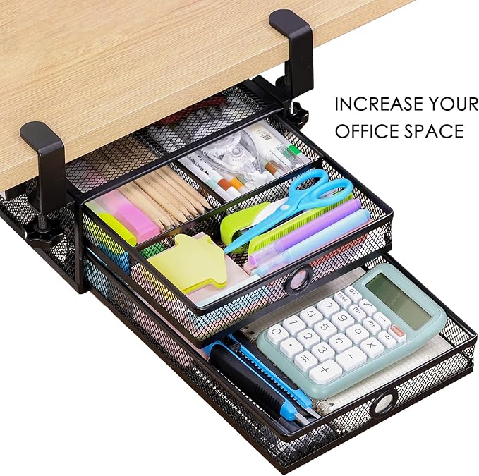 Under Desk Drawer, Clamp on Desk Organizer Slide Out Table Storage No Drill | 2Tier Under desk drawer: clamp on desk organizer, under desk drawer slide out, hanging desk organizer, no drill table storage - Image 4