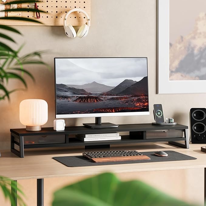 Fenge Dual Monitor Stand Riser, 42.5in Desk Shelf with 2 Drawers, Black | 2-Tier Monitor Shelf for Desk, Storage Drawer with Stopper, Frosted, fit Home Office, Ultrawide Screen, PC, Laptop, TV - Image 2