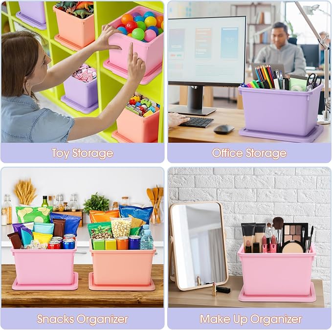 Potchen 6 Pack Small Stackable Storage Bins with Lids Plastic Storage Boxes for Classroom 9.8" ×7.3" ×5.7" Decorative Organizer Bins for Craft Art Office Teacher Supplies (Pink,Purple,Orange) - Image 4