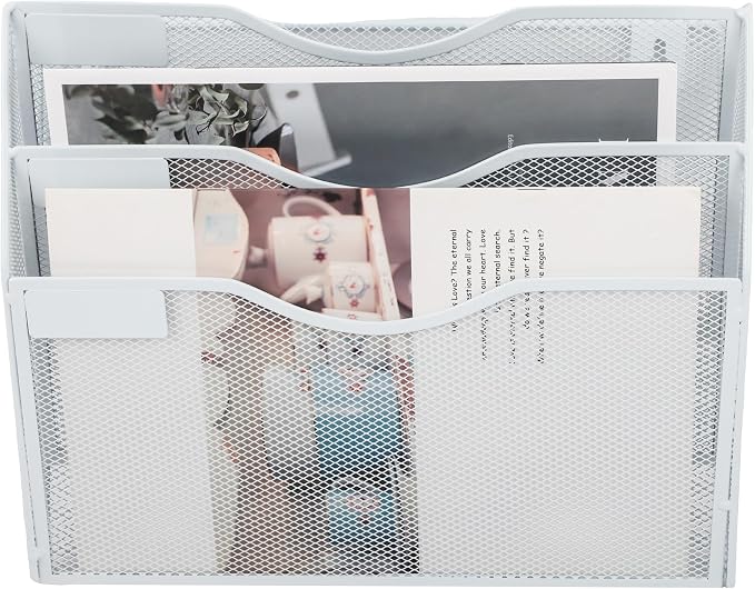 3 Pocket Mesh Hanging Wall File Organizer, Wall Mounted Mail Paper Document Folder Holder, Clipboard Storage Organization Magazine Rack with Nametag Label for Office Home School, White - Image 3