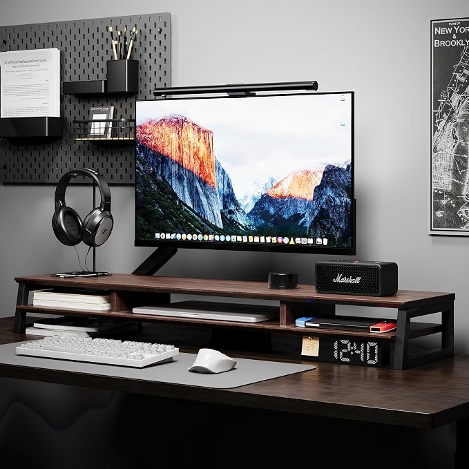 Dual Monitor Stand Riser for Desk, 41.7 Inch Large 2 Tier Computer Monitor Stand for 2 Monitors, Desktop Storage Organizer Shelf with Keyboard Space for Laptop PC Printer Brown - Image 2