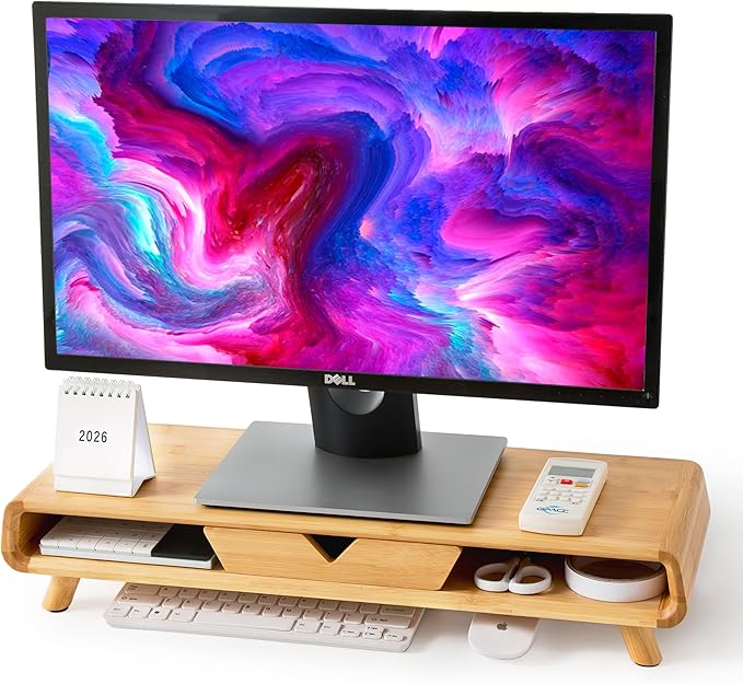 Homerays Bamboo Monitor Stand Riser, No Assembly Required Exquisite Monitor Stand with Drawer Ergonomic Height Wood Monitor Stand by Homerays