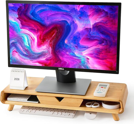Homerays Bamboo Monitor Stand Riser, No Assembly Required Exquisite Monitor Stand with Drawer Ergonomic Height Wood Monitor Stand by Homerays