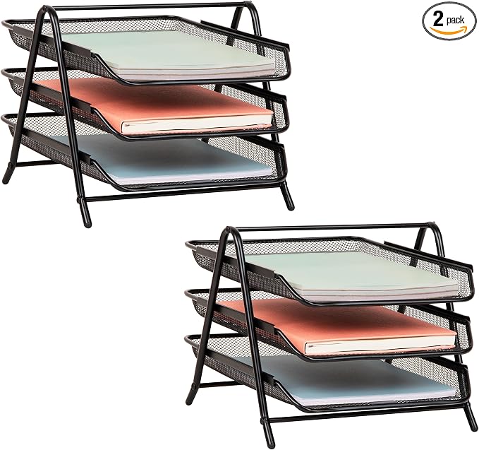 Mind Reader 3-Tier Paper Tray, Desktop Organizer, File Storage, Office, Metal Mesh, 11.75" L x 13.75" W x 10" H, Set of 2, Black by MindReader