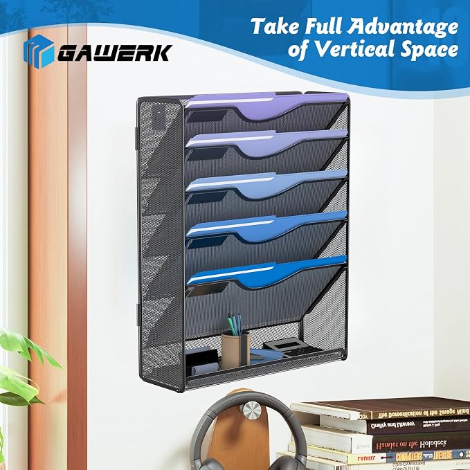 Gawerk 6 Tier Hanging File Organizer, Mesh Wall File Holder Paper Folder Rack with Bottom Flat Tray for Office Home, Black - Image 5