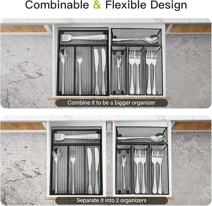 Neudeco Drawer Organizer Set, Black Mesh, 5 Pack | 4-Compartment Silverware Organizer Tray, 4 Utensil Trays, For Flatware, Cutlery, Office Supplies, Non-Slip - Image 8