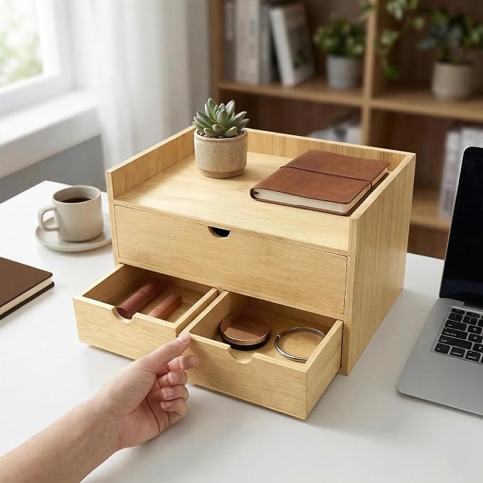 Bamboo Desk Organizer with 3 Drawers, Wood Storage Box for Office Supplies | Solid Tabletop Drawer Chest with Open Display Top, 13.4 x 7.3 x 8.1 in, No Assembly - Fits Countertop, Vanity and Dorm - Image 2