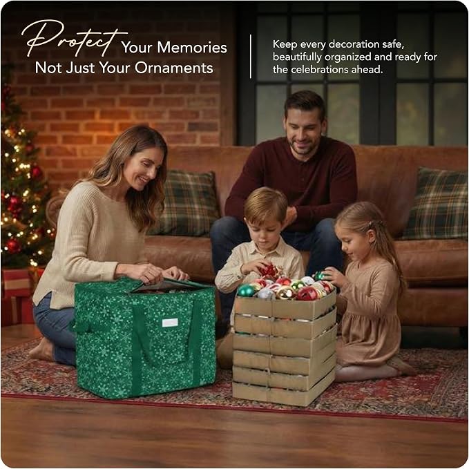 Covermates Keepsakes Adjustable Ornament Storage Bag – Heavy-Duty Polyester, Padded Dividers & FlexGrid Trays – Protective Holiday Ornament Organizer with Handles & Label Window, Green Snowflake - Image 2