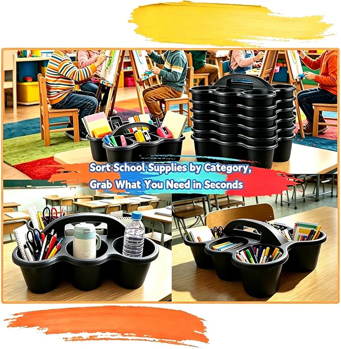 6 Pack Classroom Caddy Organizer with Handle Black Plastic Table Caddy 6 Compartments Storage Cup Holder for School Supplies Art Crafts Crayons Pencils Stackable Desk Caddy for Office Home - Image 6