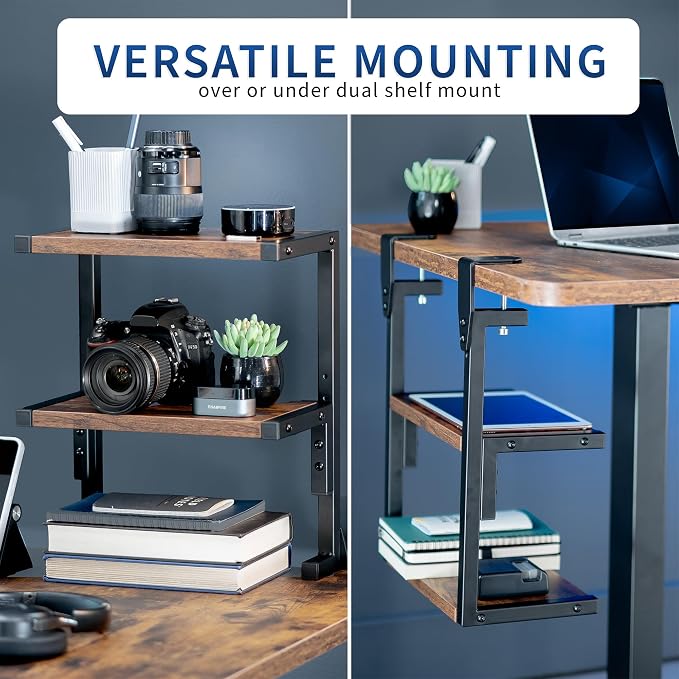 VIVO Vintage Brown Clamp-on 13 inch 2-Tier Desk Shelf, STAND-SHELF2C-N | Above or Below Desk, Rustic 2 Level Shelving Unit for Table Accessories Gaming Devices & More, Storage Tray Desktop Organizer - Image 4