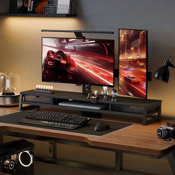 Fenge Dual Monitor Stand Riser, 42.5in Desk Shelf with 2 Drawers, Black | 2-Tier Monitor Shelf for Desk, Storage Drawer with Stopper, Frosted, fit Home Office, Ultrawide Screen, PC, Laptop, TV - Image 6