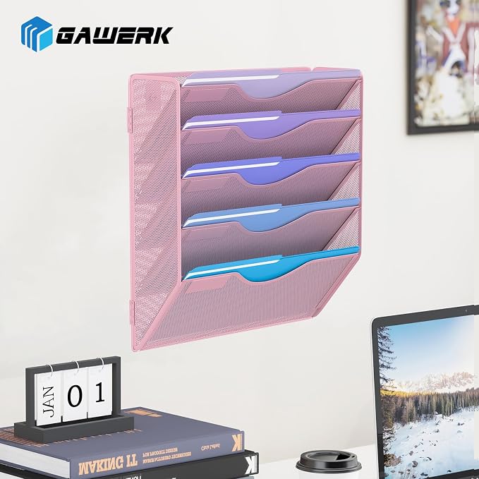 Gawerk 5 Tier Hanging Wall File Organizer, Mesh Mail Paper Orgnization Hanging File Folder Holder for Home Office, Pink - Image 6