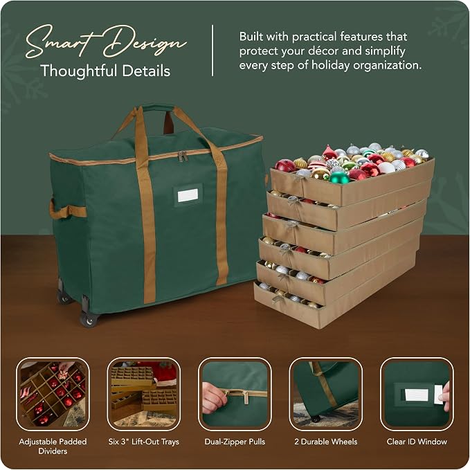 Covermates Keepsakes Rolling Adjustable Ornament Storage Bag – Heavy-Duty Polyester, FlexGrid Trays & Padded Dividers – Protective Holiday Organizer with Wheels, Handles & ID Window, Green - Image 4