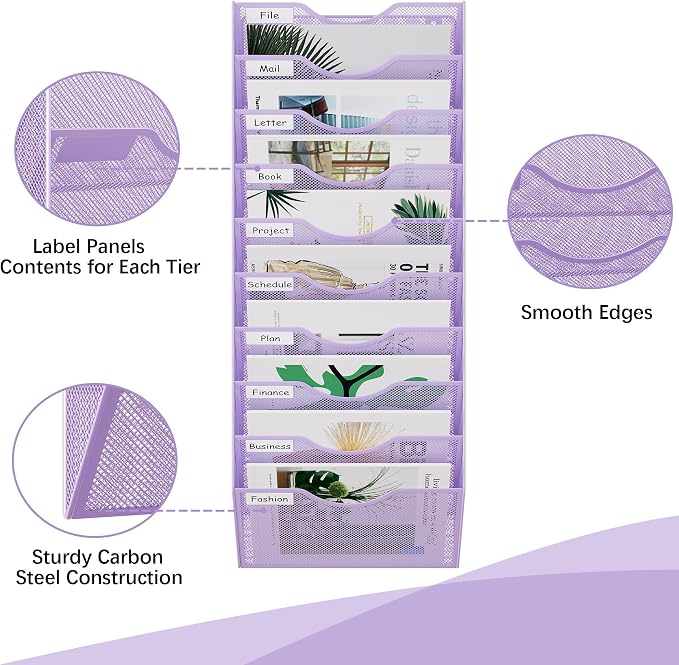 EasyPAG 10 Pocket Mesh Wall File Organizer, Hanging Paper Folder Holder with Classify Label, Vertical Wall Mount Mail Organizer for Office Home Classroom, Purple - Image 3