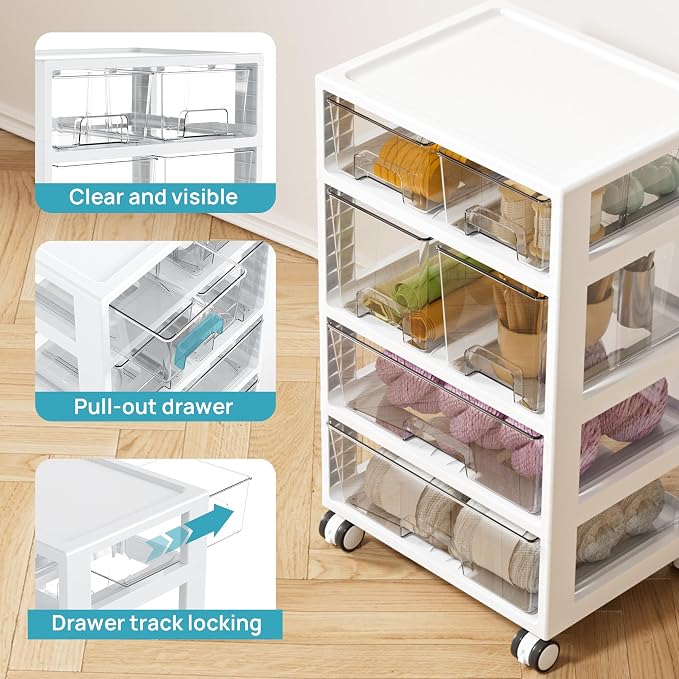 Vtopmart Drawer Storage Organizer,4 Tier 6 Drawers with Wheels, Clear | Clear Drawers with Multiple Sizes Keep Supplies Visible. Sturdy for Bathreoom, Office, Under Desk, Crafts & Art Storage. - Image 6