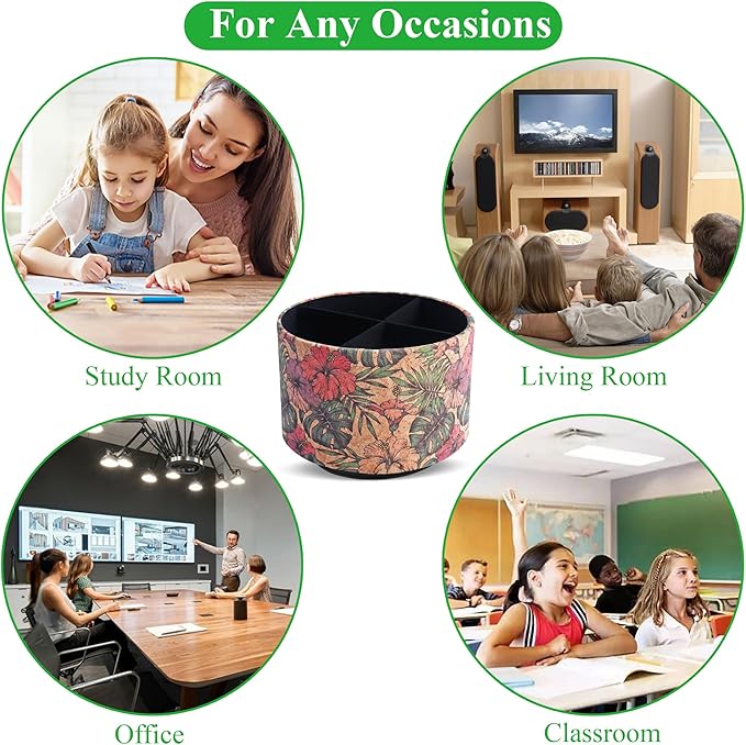 Round Leather Art Supply Organizer,Remote Control Holder,360 Degree Spinning,Multi-Functional Pencil Holder,4 Compartments Desktop Stationary Organizer(1-Wood Leather Banana)