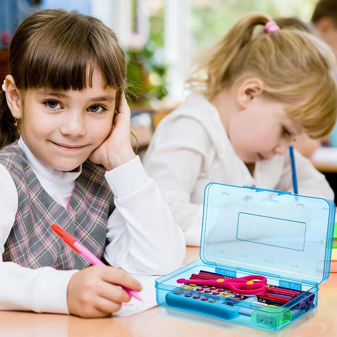 Leelosp 12 Pack Clear Pencil Boxes for School Bulk, Large Plastic Pencil Case with Lid, Stackable Hard Crayon Storage Box for Classroom Kids, Desk Drawer Organizer for Office Home(Blue) - Image 5