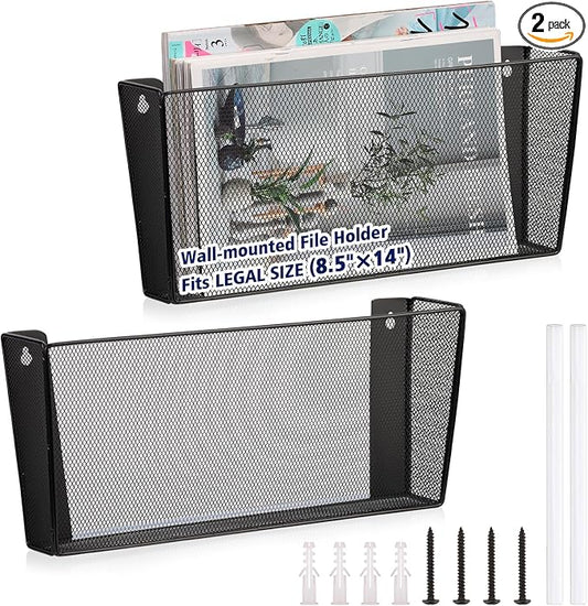 2 Pack Single Pocket Wall File Holder Legal Size Metal Mesh Hanging File Folder Paper Organizer Black Wall Mounted Mail Organizer Magazine Rack for Office Home School 15.7" L x6.9 Wx3.4 H by Unknown