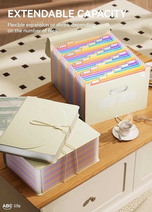 ABC life 26-Pocket Accordion File Organizer, Expanding File Folder | Letter/A4 Size, Plastic Monthly Bill & Tax Receipt Holder with A-Z Tabs for Home, Office, Classroom - Beige Color - Image 3