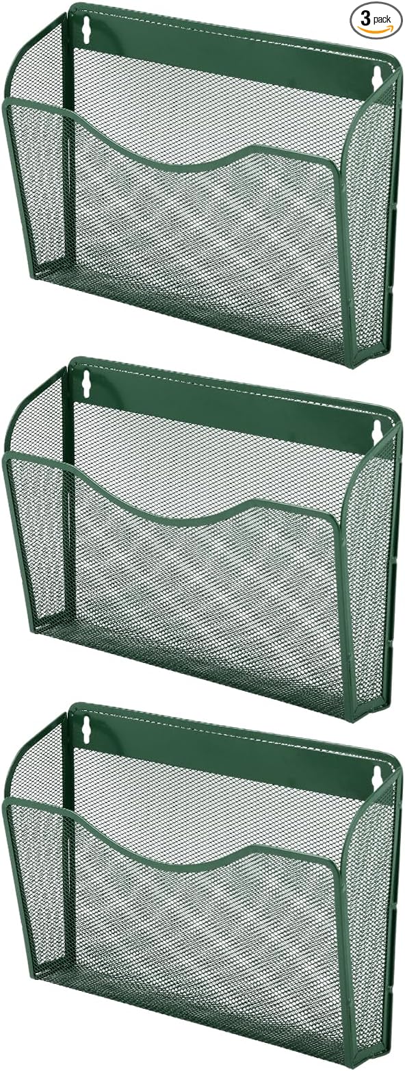 3 Single Pocket Mesh Hanging File Organizer, Vertical Wall Mounted Magazine File Holder, Mount Basket Mail Paper Document Folder Organizing for Office, Home and School, Dark Green by EASEPRES