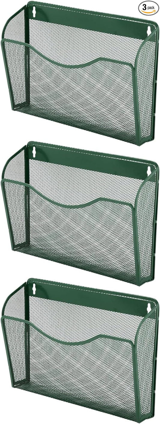 3 Single Pocket Mesh Hanging File Organizer, Vertical Wall Mounted Magazine File Holder, Mount Basket Mail Paper Document Folder Organizing for Office, Home and School, Dark Green by EASEPRES
