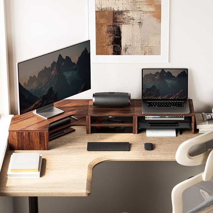 Fenge Dual Monitor Stand, Corner Desk Shelf with Drawer & Slide-Out Tray | Modular Design for Flexible Layouts, 2-Tier Storage Desktop Organizer for Computer, Laptop, Printer and Telephone - Image 7