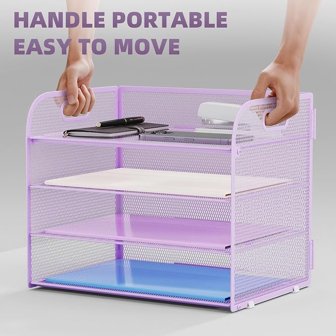 Marbrasse 2 Pack 4 Tier Paper Organizer Letter Tray - Mesh Desk File Organizer with Handle, Paper Sorter Organizer for Letter/A4 Office File Folder Holder (Purple, 12.6" x 9.1" x 10.7") - Image 5